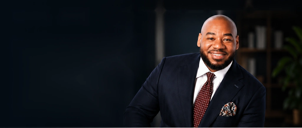 DeMarcus Strange in a navy suit in front of a softly blurred bookshelf and plant