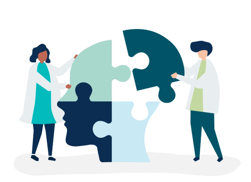Illustration of coworkers assembling puzzle pieces around a human profile