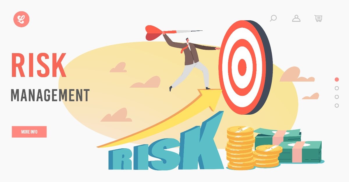 Risk management illustration with a target, rising arrow, coins and currency
